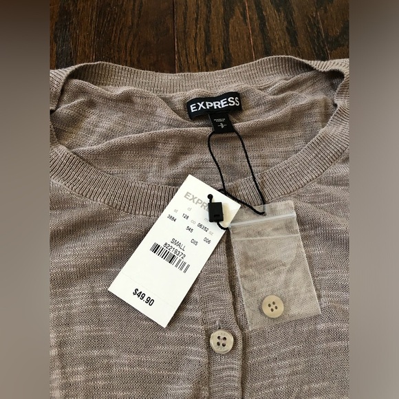 *NWT* Express Women’s S Tan/Light Brown Semi-Sheer Button-Down Crewneck Cardigan - Picture 5 of 10